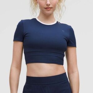 Lululemon Cropped Shelf-Bra T-Shirt *Medium Support B/C Cup Club Blue White L